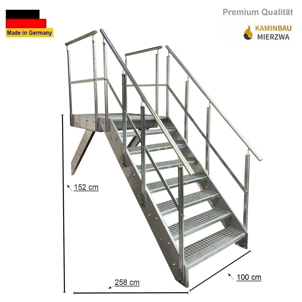 Podesttreppe Wangen- Stahltreppe 8 Stufen Höhe 152cm inklusive Podest 100x100cm mit Geländer verzinkt Ausrichtung Treppe Vorne (Front) Aussentreppe