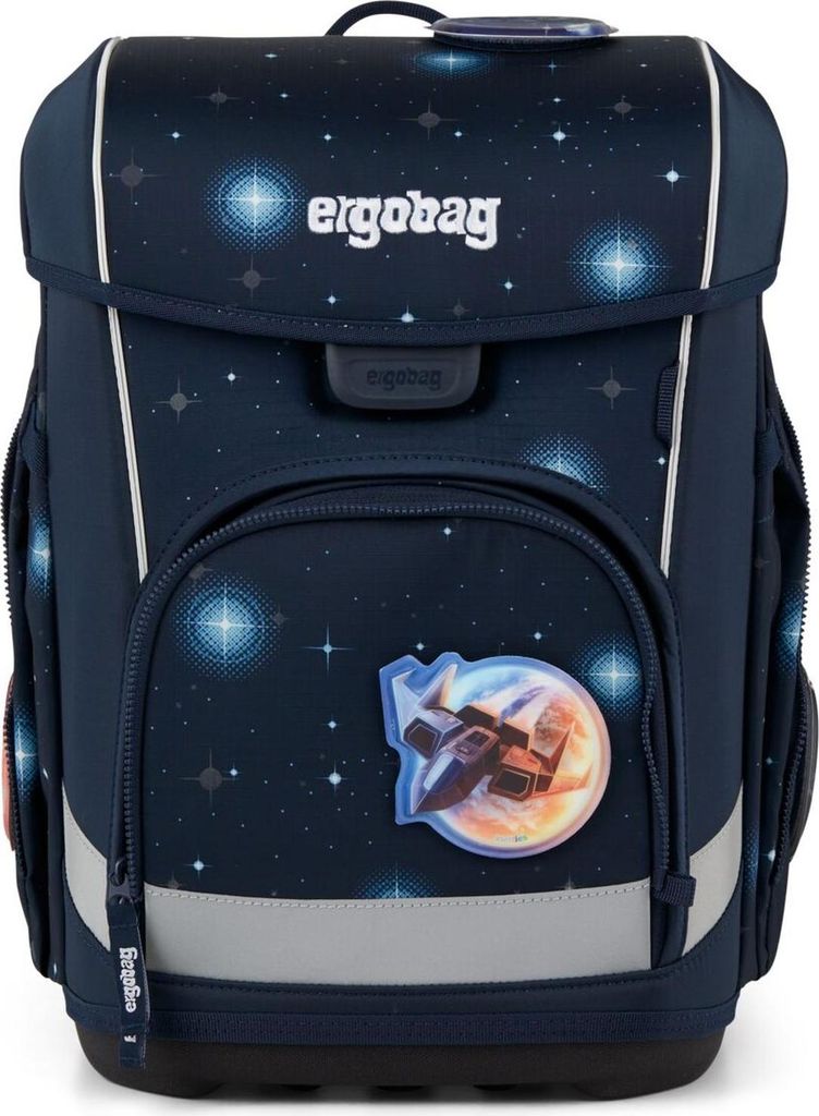 A dark blue backpack with a space-themed design, featuring stars, planets, and a spaceship.