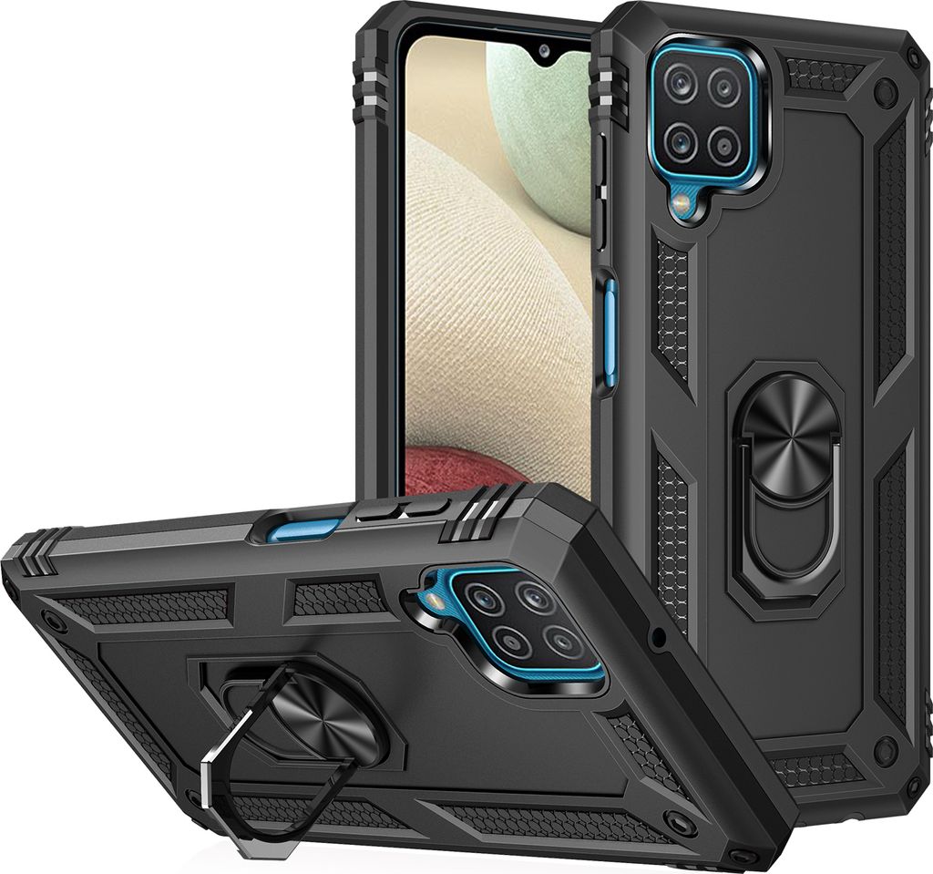 LaimTop Schutzhülle für Galaxy A12 5G, Dual Layer Robust Militäre Fallschutz Hülle mit Ringhalterung Ständer Schwarz