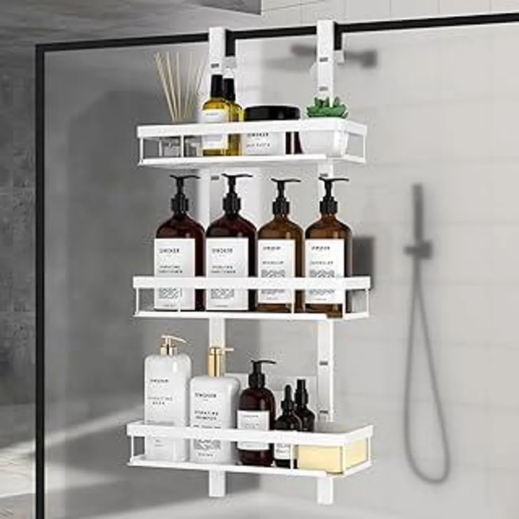 Diwoker Scaffale da doccia da appendere, scaffale da doccia senza forature per parete doccia, organizer da bagno con 3 cestelli portaoggetti e supporto per shampoo (bianco, 3 ripiani)