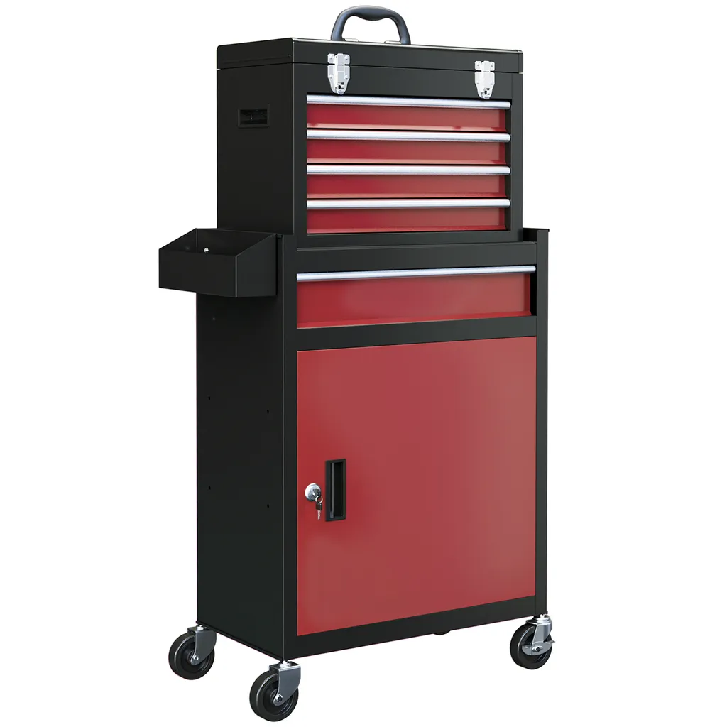 HOMCOM Servante d'Atelier Rouge 5 Tiroirs avec Caisse à Outils Amovible