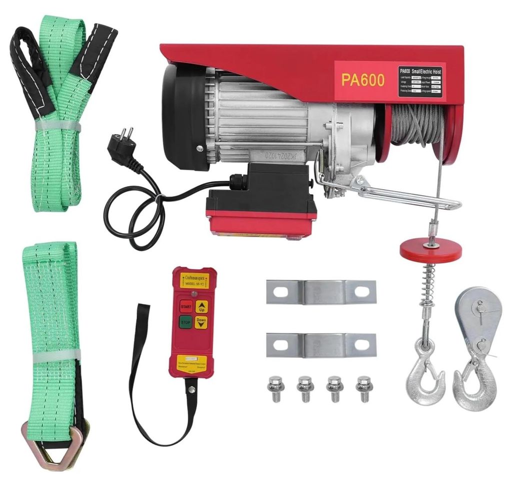 Elektrische Seilwinde - 600 kg Tragkraft - Batteriebetrieben - Funkfernbedienung 80 m Reichweite - Für Garage, Lager, Fabrik