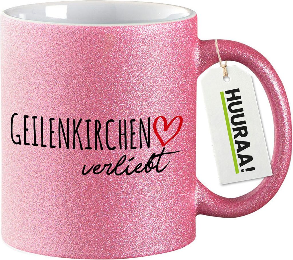 Huuraa Glitzertasse Geilenkirchen verliebt 330ml Pink Keramik Kaffeebecher Geschenkidee