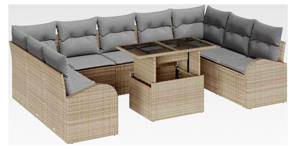 10-teiliges Garten-Sofaset mit Kissen Beige Poly Rattan Lounge Sofa Outdoor