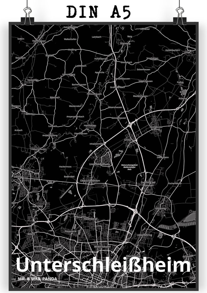 Mr. & Mrs. Panda Bild Unterschleißheim DIN A5 - Geschenk, Kunstdruck, Wandbild, Stadt, wanddeko, Wandschmuck, Dorf Karte Landkarte Map Stadtplan, ...