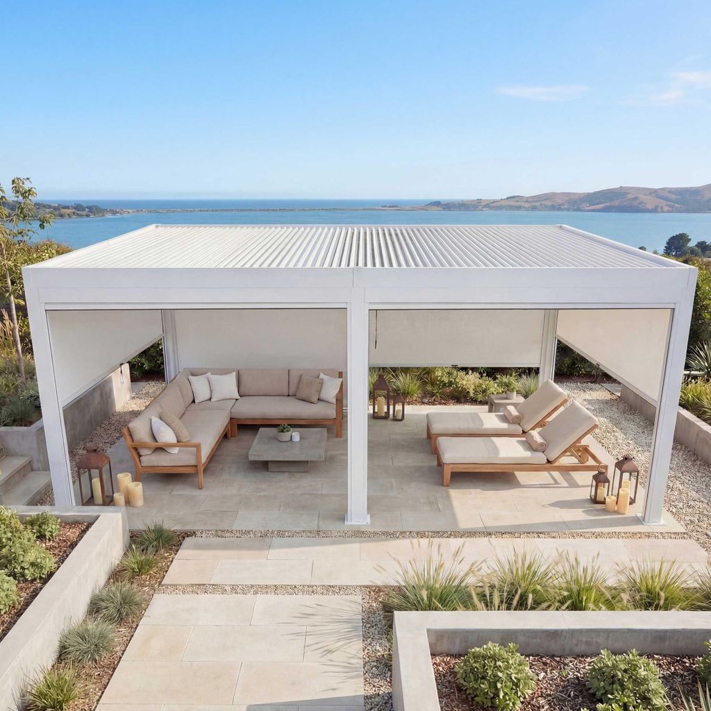 Pergola MCW-L46 mit 6x Seitenwand, Gartenpavillon Lamellen-Pavillon Rollo, 11cm-Alu-Gestell, sturmfest 3x6m weiß