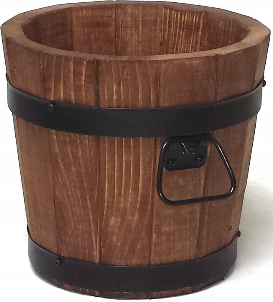 A wooden bucket with metal bands and a handle.