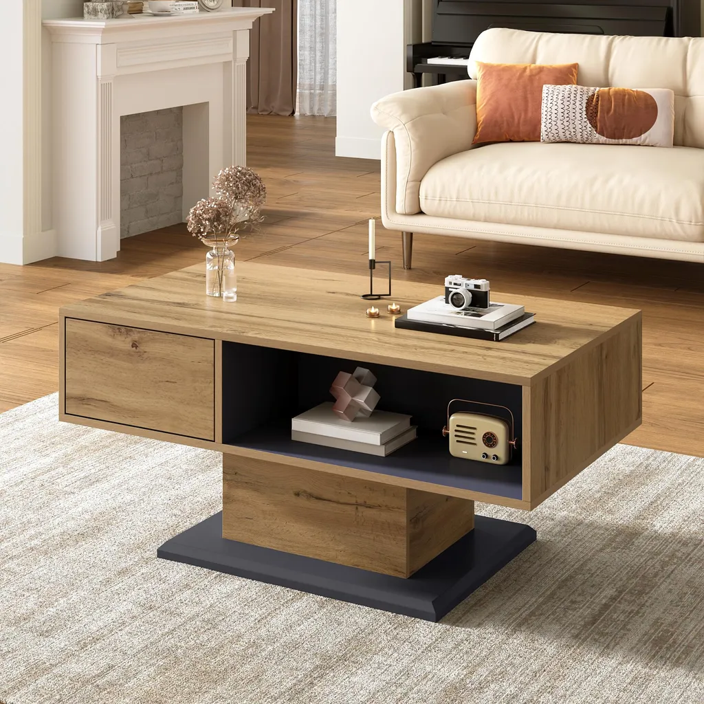 Table basse bicolore 100 cm avec rangement double face gris et bois