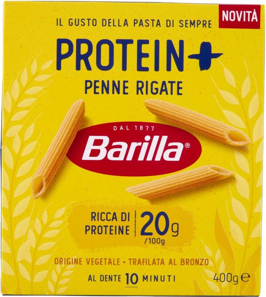 A box of Barilla Protein Plus Penne Rigate pasta.
