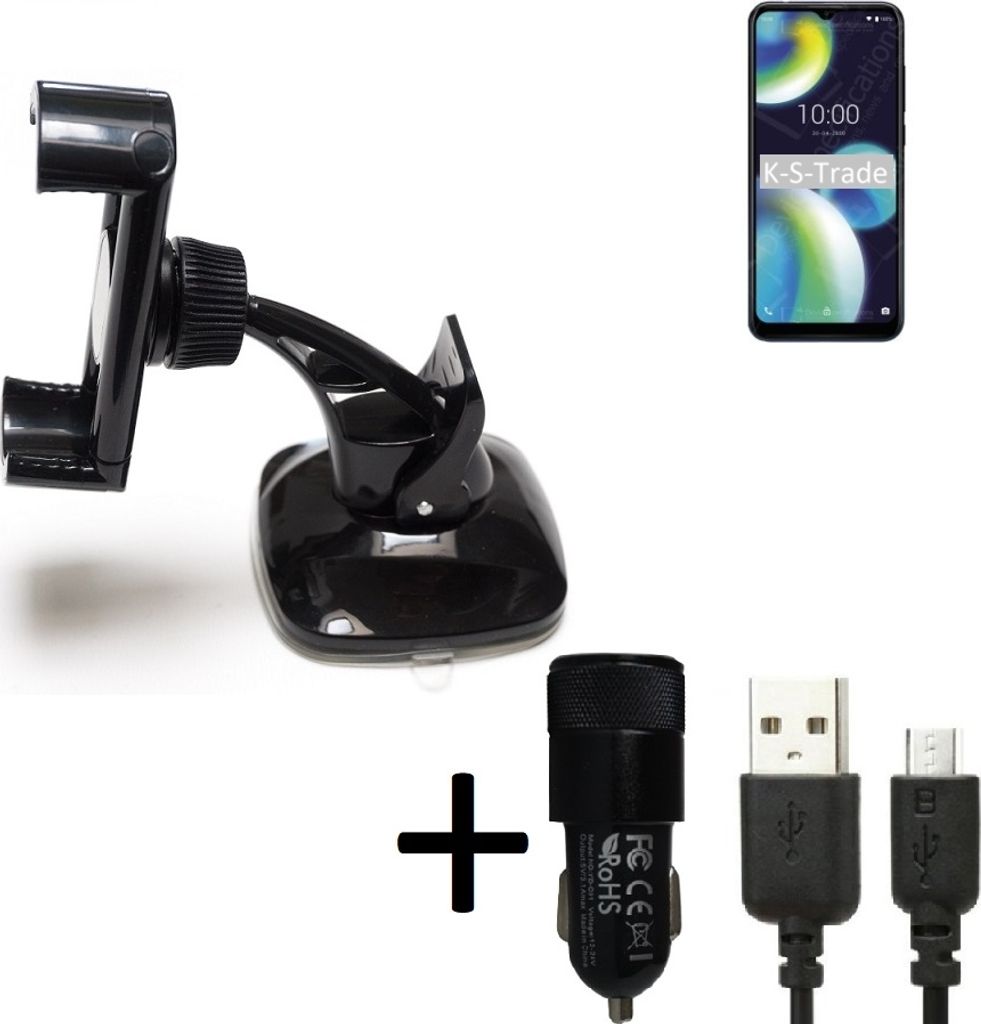 K-S-Trade Halterung kompatibel mit Wiko View 4 Lite Windschutzscheibe / Armaturenbrett + LADEGERÄT mit Mico USB Kabel Autohalterung KFZ Halter