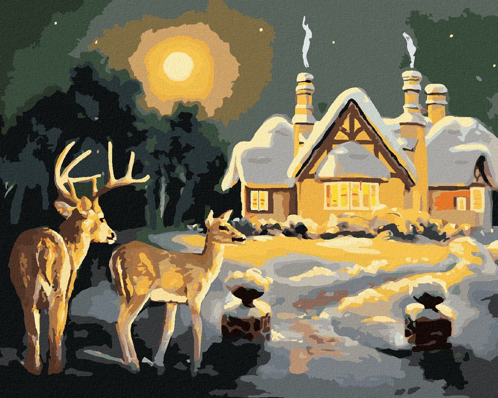 Zuty - Malen nach Zahlen - HIRSCH UND RICKE BEIM SCHNEEBEDECKTEN HAUS (D. RUSTY RUST), 40x50 cm, mit Keilrahmen (bereits gespannt)