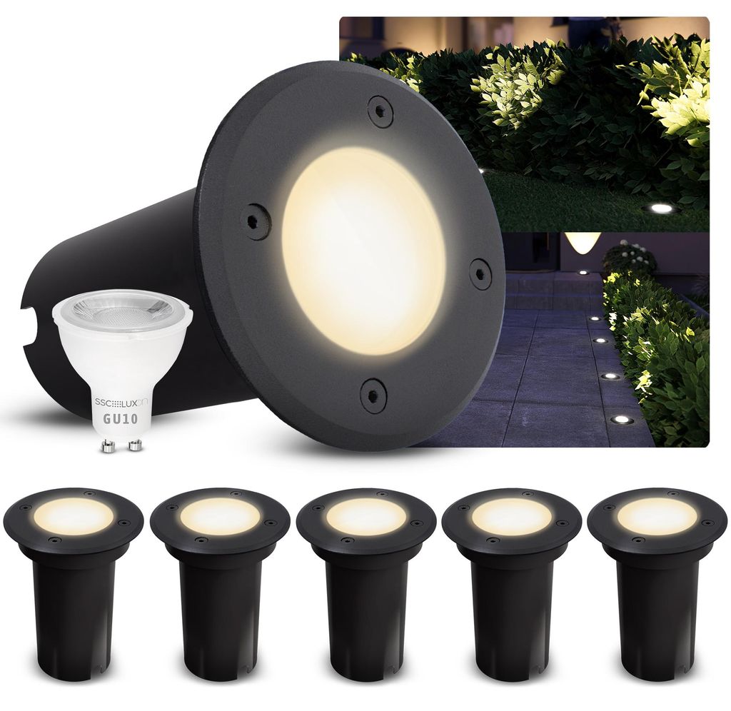SSC-LUXon 6x KALPA Bodenleuchte LED rund schwarz - Bodeneinbaustrahler IP67 Außenlampe mit GU10 Birne 2W warmweiß - Bodenlampe für Garten & Terr...