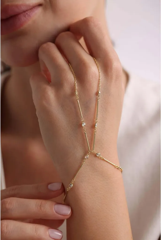 Bracelet Şahmeran Design Bâton Argent et Zircone Finition Or de Luxe