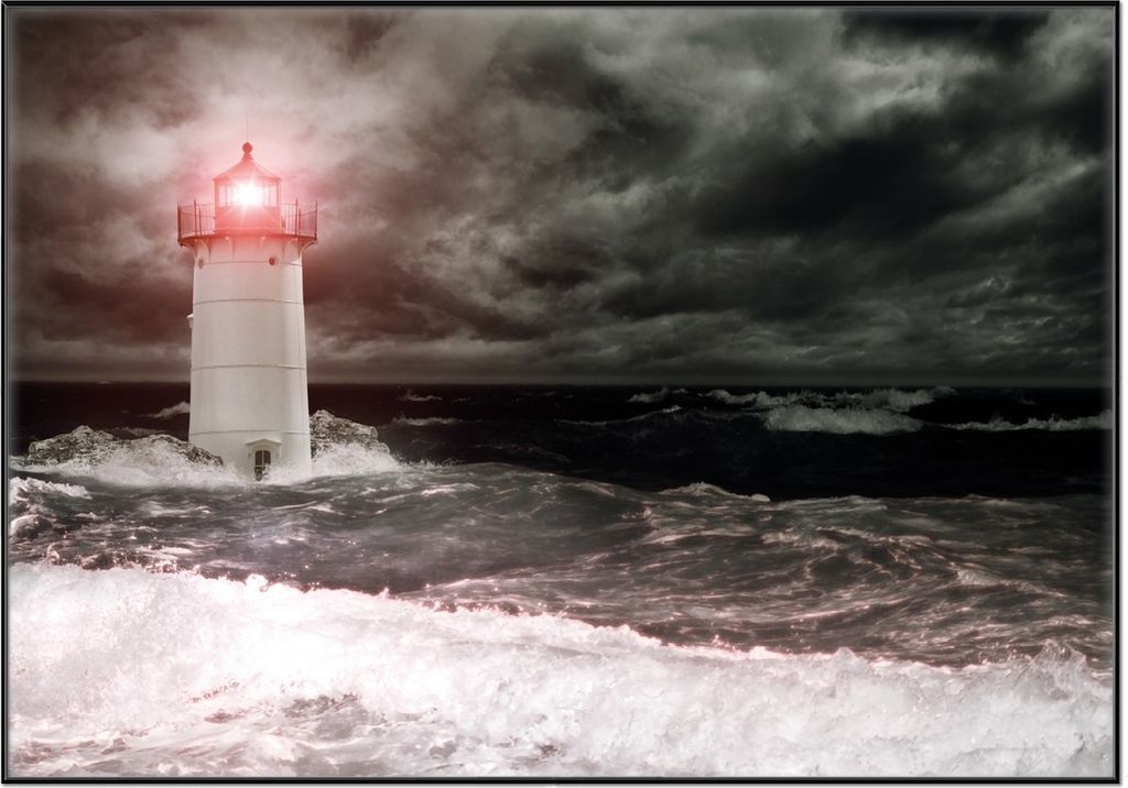 Wallario Wandbild Leuchtturm im Wasser bei stürmischer See, Größe: 70,30 x 100,30 cm, Poster mit schwarzem Aluminiumrahmen