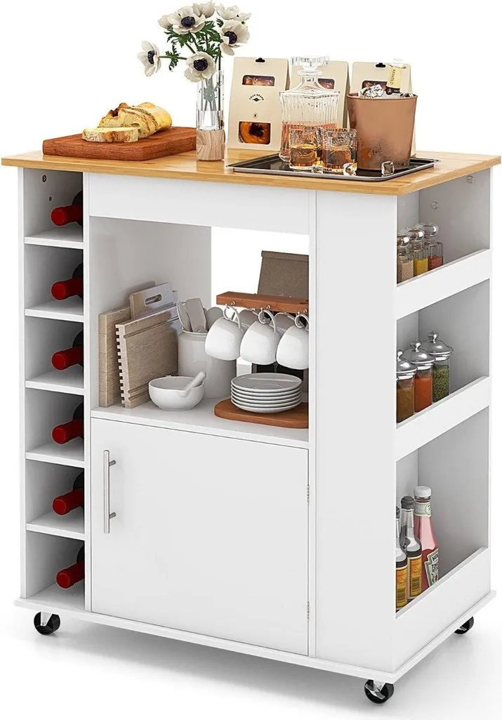 Meuble de cuisine d'appoint blanc avec plan de travail en bambou 85cm