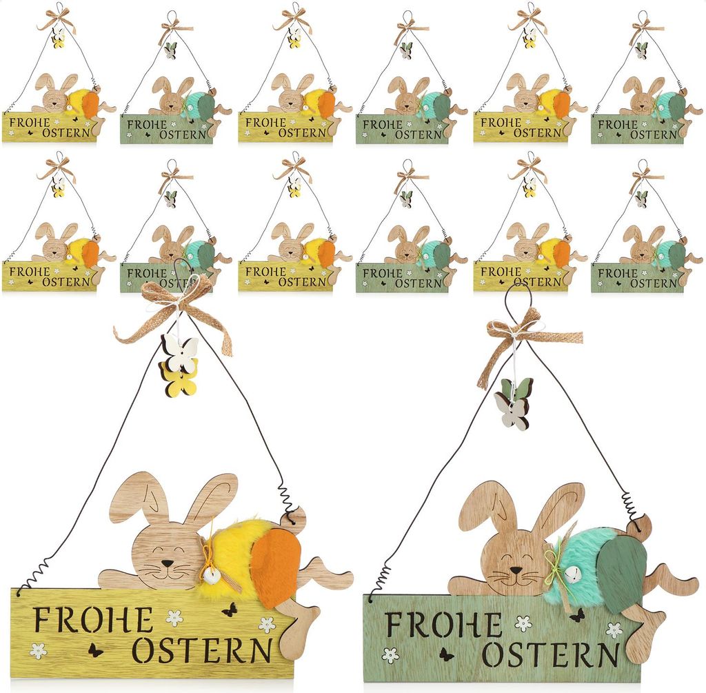 com-four 12x Türschild "FROHE OSTERN" zum Aufhängen - Deko-Schild aus Holz für Ostern - Osterdeko mit Osterhase - Hänge-Deko für Haustüren,...