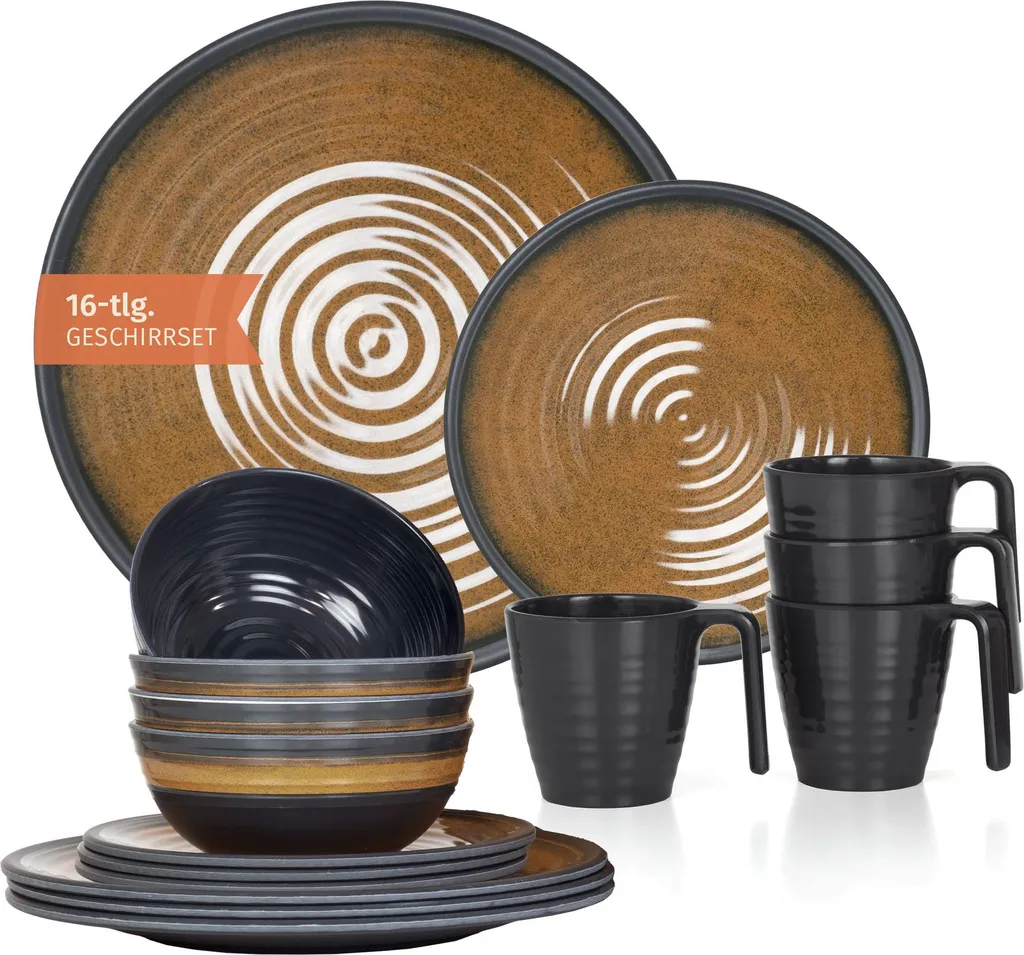 Vaisselle camping mélamine incassable Stone Curry 4 pers avec mugs café