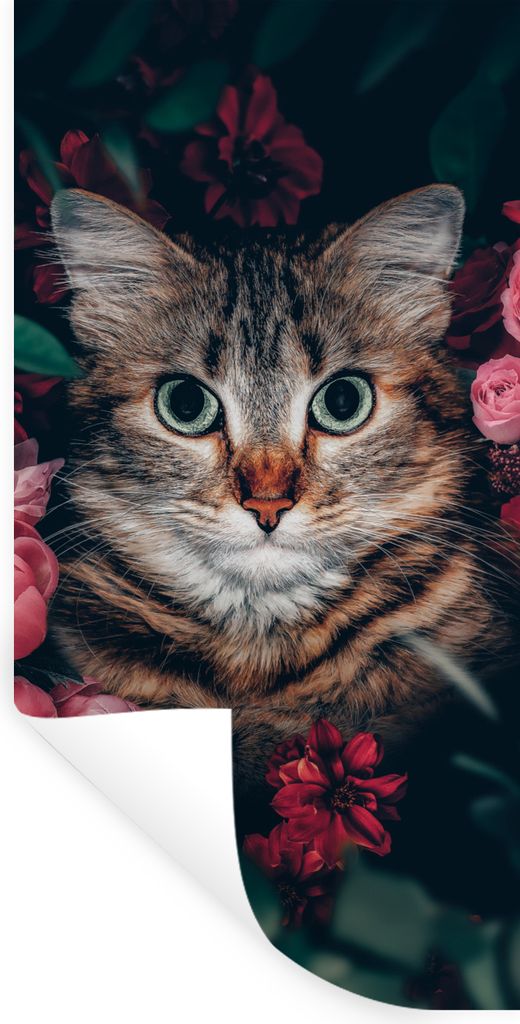 MuchoWow Wandtattoo Wandsticker Wandaufkleber Katze - Blumen - Blätter - Botanisch 80x160 cm Selbstklebend und Repositionierbar - Sticker - Deko...