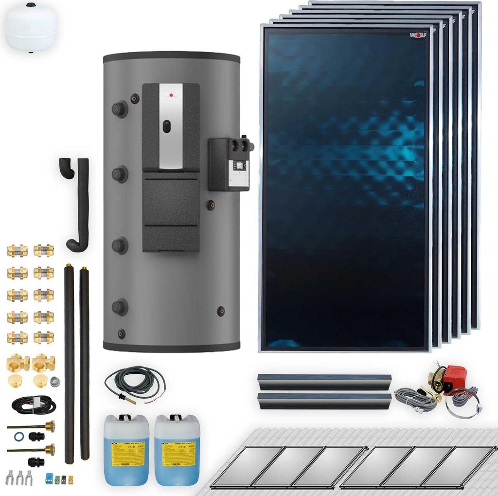 Wolf Solar Paket 13,8 m² mit 6 Flachkollektoren TopSon F3-1, SM2-2 Regelung, Schichten-Pufferspeicher BSP-1000