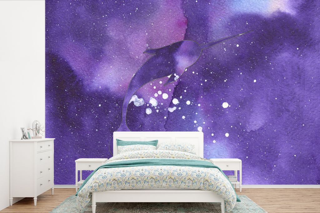MuchoWow Fototapete für Wohnzimmer oder Schlafzimmer Wandtapete Vinyl Motivtapete Narwal - Weltraum - Farben - 420x280 cm - Zimmer für Kinder
