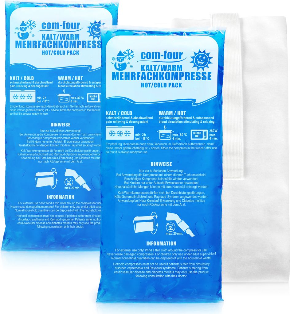 com-four 2x Große Mehrfach-Kompressen 29 x 12 cm mit Premium Mehrweg Vlieshülle, Kalt und Warm Kompressen mit Gel-Kühlpack Schutzhülle mit Gu...