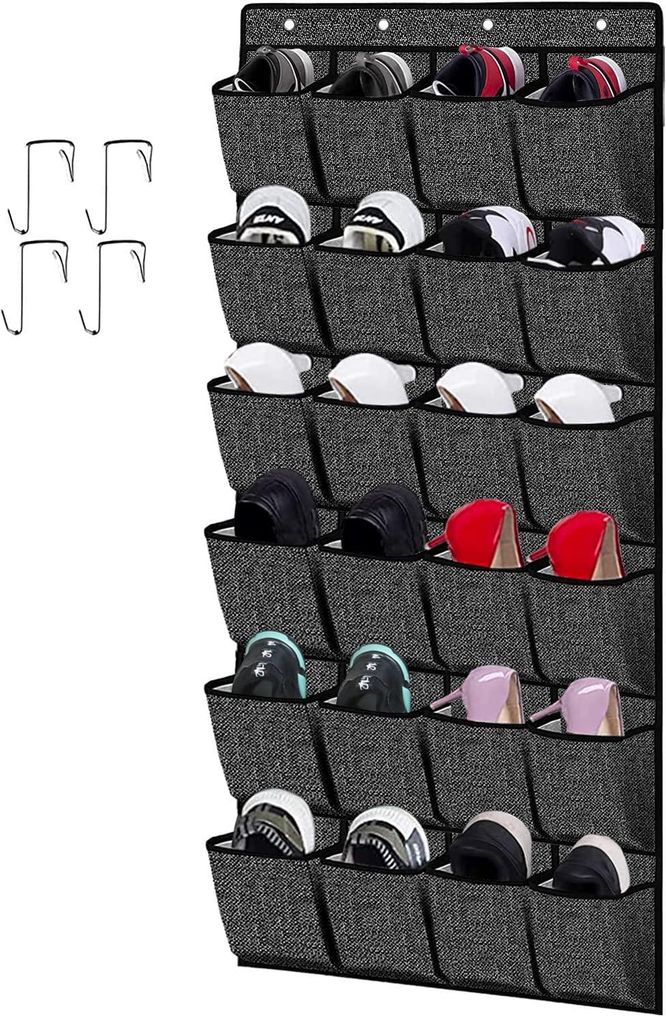 Hängende Aufbewahrungstasche, Schuhaufbewahrungstasche mit 24 Fächern, Türhänger, Schuhregal, Schuhorganizer, schwarzes Leinen, XAODSB1P