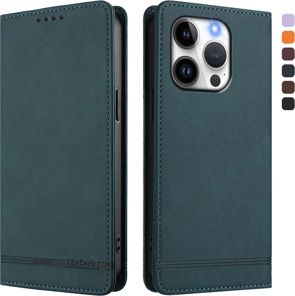 Hülle für iPhone 14 Pro, Retro Kunstleder Ständer Klapphülle mit Kartenfächer und Magnetische Grün