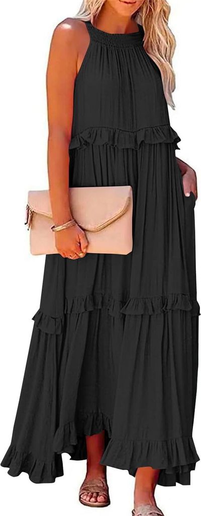 ASKSA Damen Langes Kleid Sommer Big Swing Strandkleid y Kleid Women Cover up Bikini Maxi Beachwear Kleider, Schwarz, Groesse: M