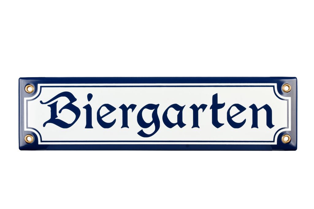 Biergarten Schild - 8x30 cm - Keramik Emaille - Wetterfest - Schild - Deko Blechschild - Emailschild - WEISS/Blau