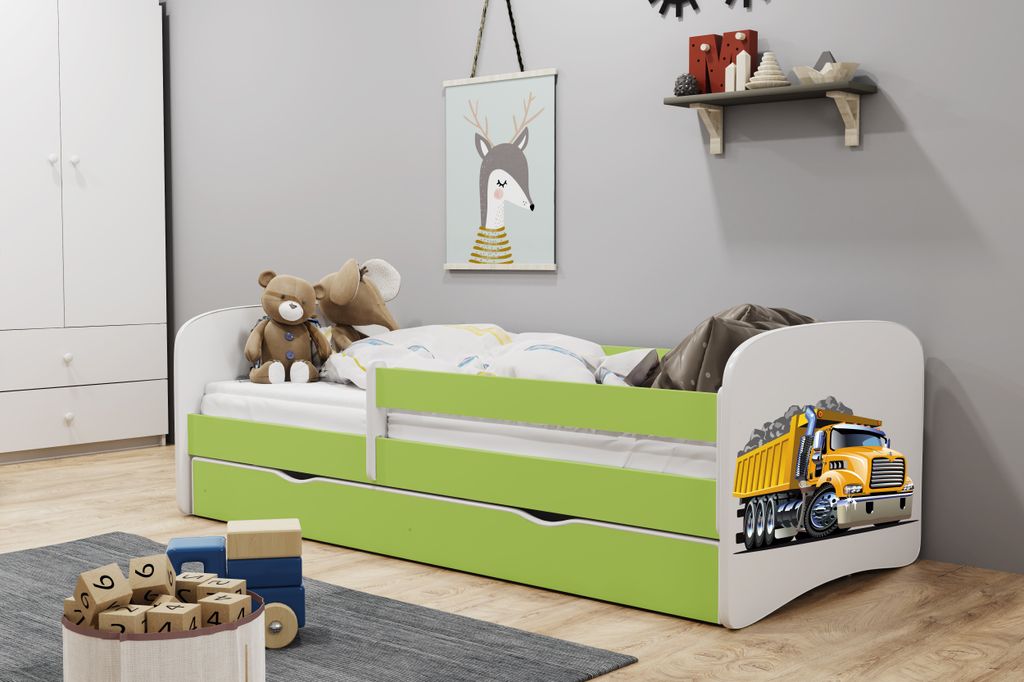 Kinderbett Jugendbett 80x180 cm Grün mit Matratze Rausfallschutz Schublade und Lattenrost Kinderbetten für Mädchen und Junge - Truck