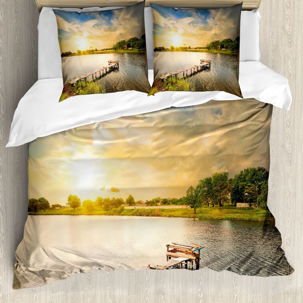 ABAKUHAUS Natur Bettbezug, Holz-Deck See Laub, Milbensicher Allergiker geeignet mit Kissenbezügen, 155 cm x 220 cm - 80 x 80 cm, Mehrfarbig