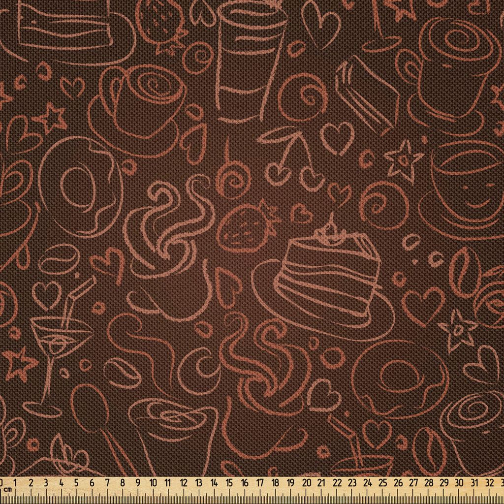 ABAKUHAUS Schokolade Satin Stoff als Meterware, Coffee Time Theme mit Handgezeichnete Kuchen Obst Donut-Herzen, 3 M (148 x 300 cm), Dark Brown Zimt