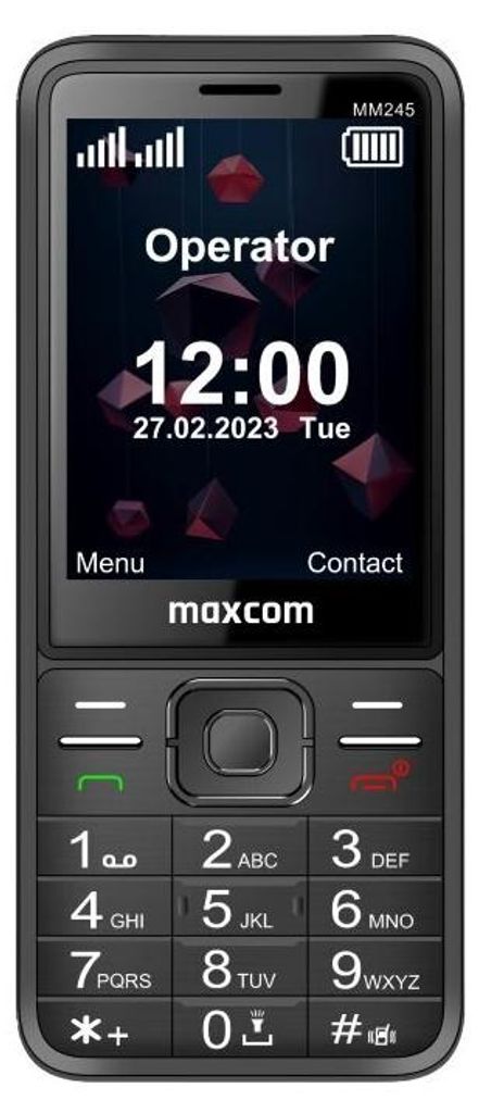 A close-up front view of a Maxcom MM245 mobile phone displaying the time and date on its screen.