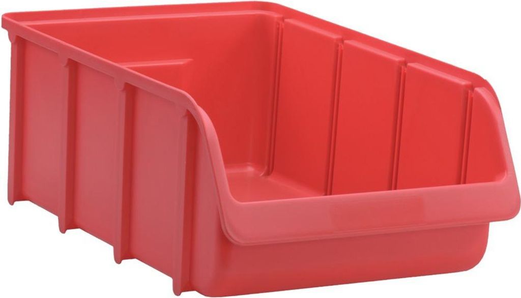 A red plastic storage bin is shown from a side-angle.