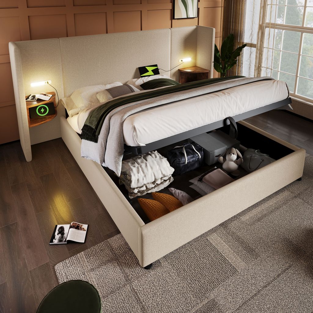 A bedroom scene featuring a large bed with storage, bedside tables with lamps, and a window.