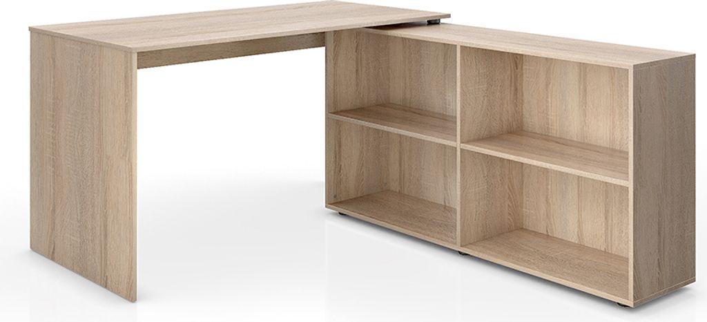 A light brown L-shaped desk with an attached bookshelf unit, shown from a diagonal angle against a white background.