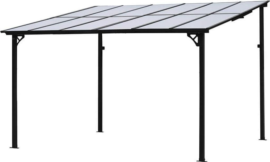 A freestanding patio canopy with a clear, segmented roof and dark metal frame, shown against a white background.