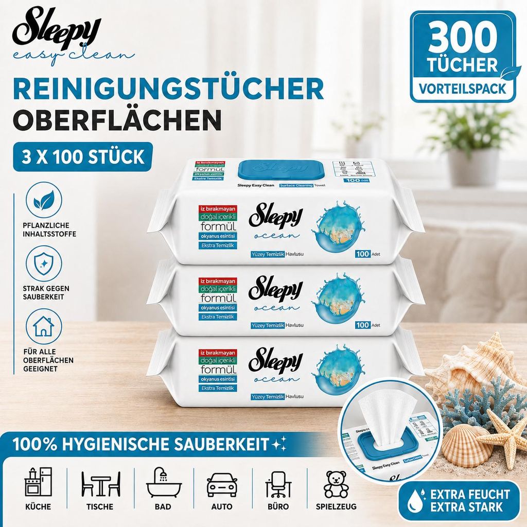 Sleepy Oberflächenreinigungstücher Ocean Breeze 3x100 Obrázok produktu  Obrázok generovaný UI