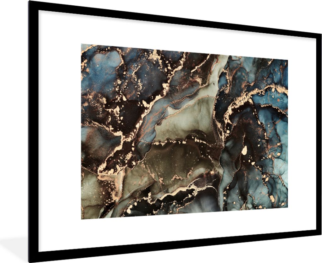 MuchoWow Gerahmtes Poster Marmor - Gold - Grün 90x60 cm - Poster mit Schwarzem Bilderrahmen Wandposter Rahmen Foto Bilder - Wanddekoration - Fotos