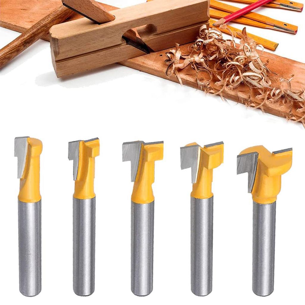 5 Stück T-Nut Oberfräsen-Set, 1/4 Zoll Schaft T Nut Schlüsselloch Frässtifte Holzbearbeitung T-Spur Nut Fräser Werkzeug