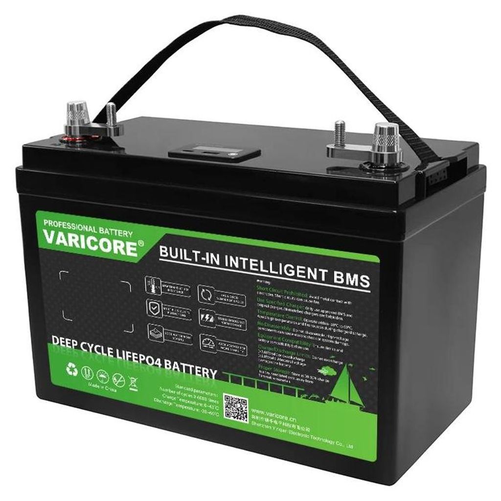 LiFePO4 Akku 12,8V 120Ah - Deep-Cycle Versorgungsbatterie - LCD Anzeige - Wiederaufladbar - Für Solar, Wohnmobil, Boot, Golfcart - 33x22x17cm, 10,4kg