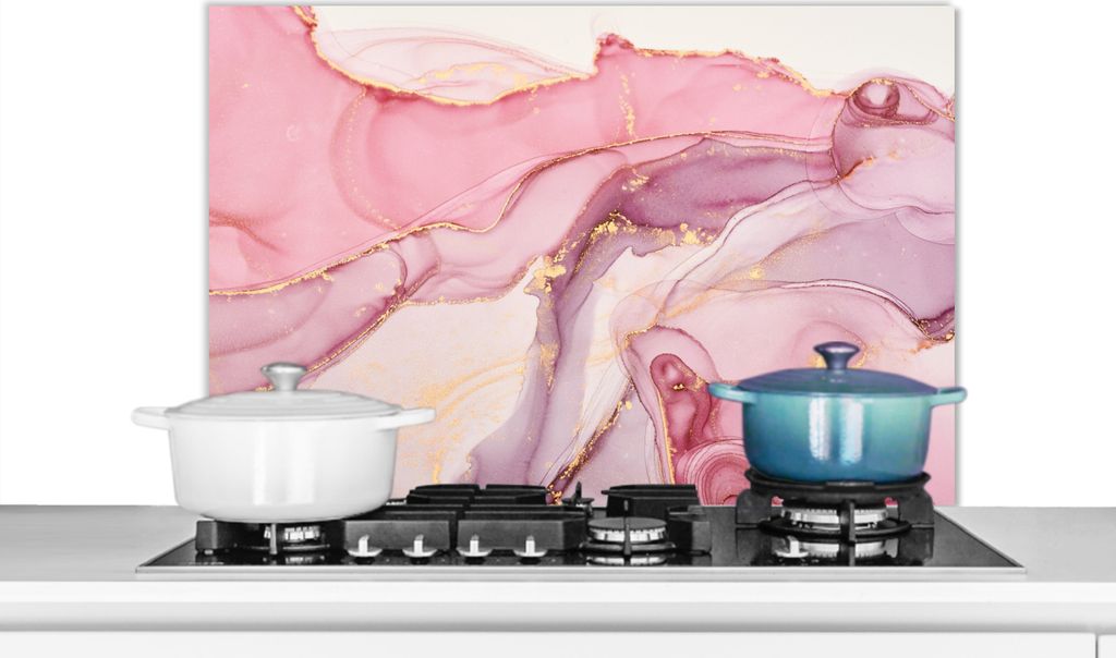 KitchenYeah Spritzschutz Küche - Küchenrückwand - Wandschutz für Herd und Spüle - Gold - Marmor - Rosa 90x60 - Alu-Dibond (Alternative zum ...