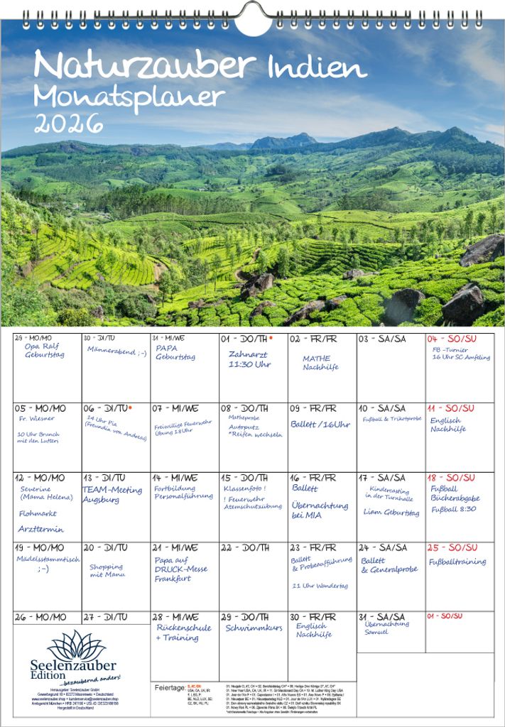 Naturzauber Indien Planer DIN A3 Kalender für 2026 Reise Landschaft Natur Land Urlaub Strand - Seelenzauber