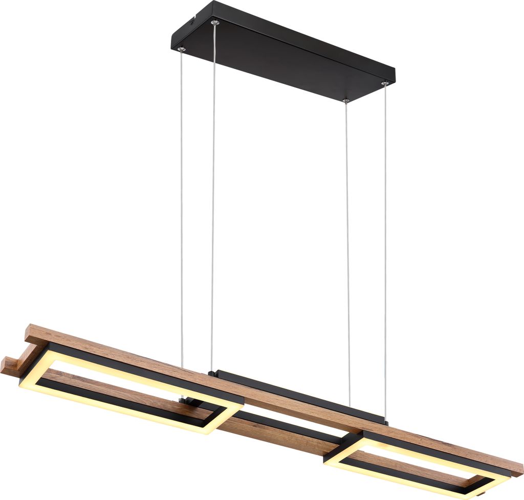 A modern rectangular pendant light fixture with wood and black accents, suspended by thin wires against a white background.