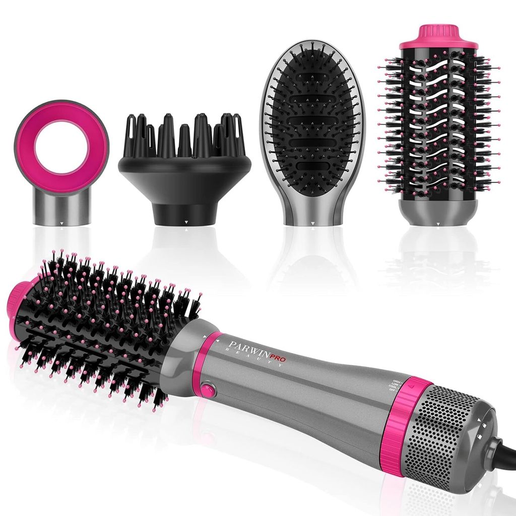 Styler-Set, Föhnbürste mit 4 Aufsätze zum Trocknen, Glätten, Volumen und Stylen, Ionen Pflege, 1000 Watt Grau