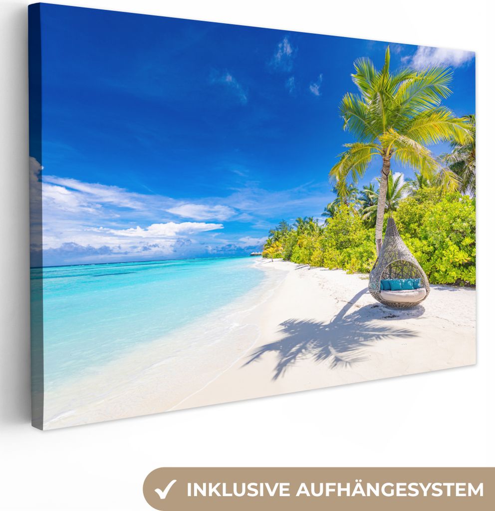 OneMillionCanvasses - Leinwandbilder - 150x100 cm, Strand - Palme - Hängesessel, Wandbilder Kunstdruck Wanddekoration