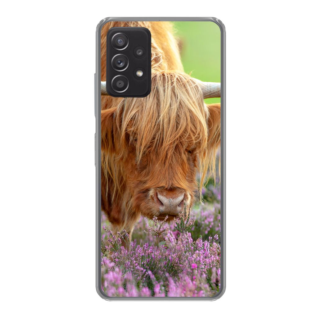 MuchoWow Handyhülle Schutzhülle Hülle für Samsung Galaxy A33 5G Schottischer Highlander - Lila - Blumen Silikon Softcase Handy Hülle - Karte...