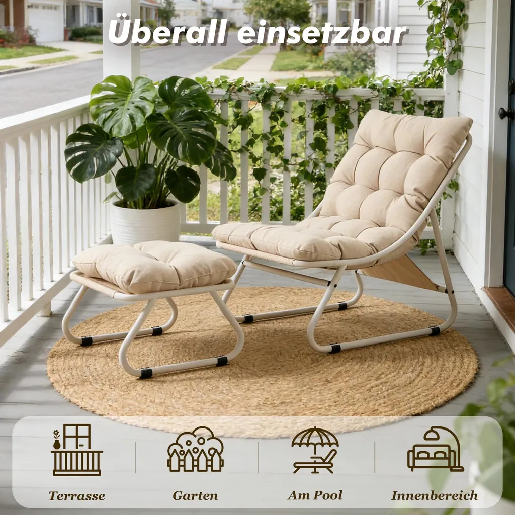 Fauteuil de salon avec pouf et structure en métal pour véranda chic