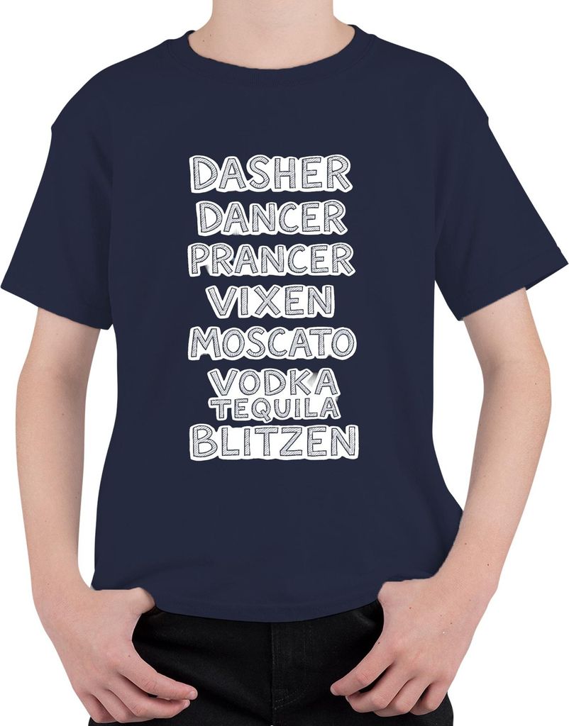 Dasher Dancer Prancer Vixen Moscato Vodka Geschenk Lustig Party Uni Kinder T-Shirt, Navy, 140