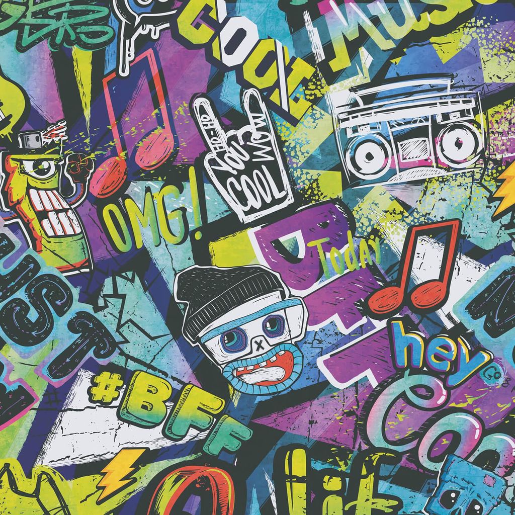 Profhome 771421-GU Kinder Tapete Graffiti matt blau schwarz weiß grün 5,33 m2
